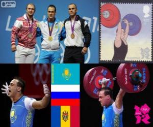 yapboz Erkekler 94 kg Halter podyum, Ilya Ilyin (Kazakistan), Alexandr Ivanov (Rusya) ve Anatoly Ciricu (Moldova) - Londra 2012-